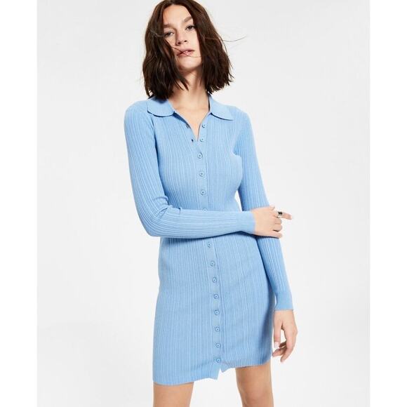 LEYDEN Blue Ribbed Knit Sweater Dress Size M Long Sleeve Collared Button Front - Picture 1 of 9